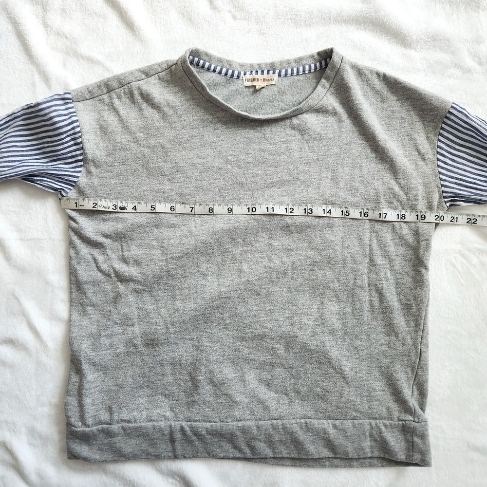 Mixed Media Bell Sleeve Sweatshirt‎ Medium Blue Stripes Preppy Coastal Old Money - Picture 14 of 16